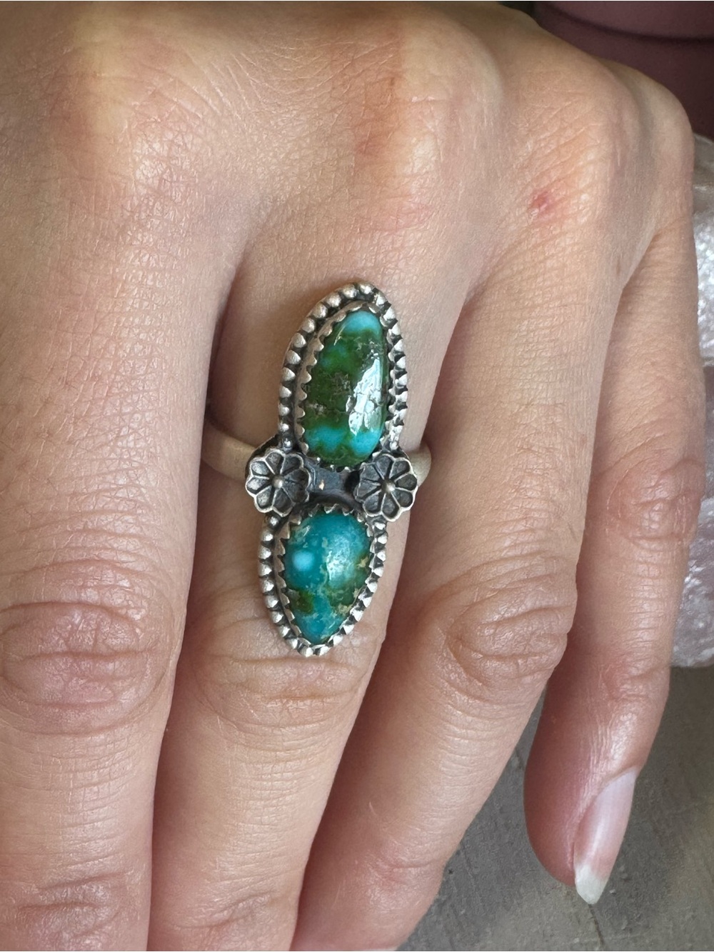 Sonoran Gold Turquoise Sterling Silver Double Teardrop Ring - Adjustable Size